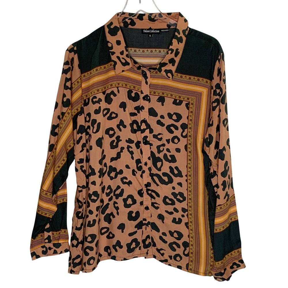 Tolani Collection Safari Long Sleeve Button Front Top XL Cheetah Brown Black